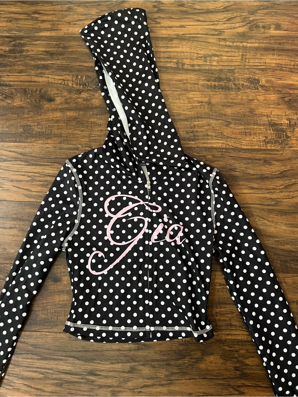SHEIN Black & White Polka Dot Hooded Zip Jacket with Pink Script